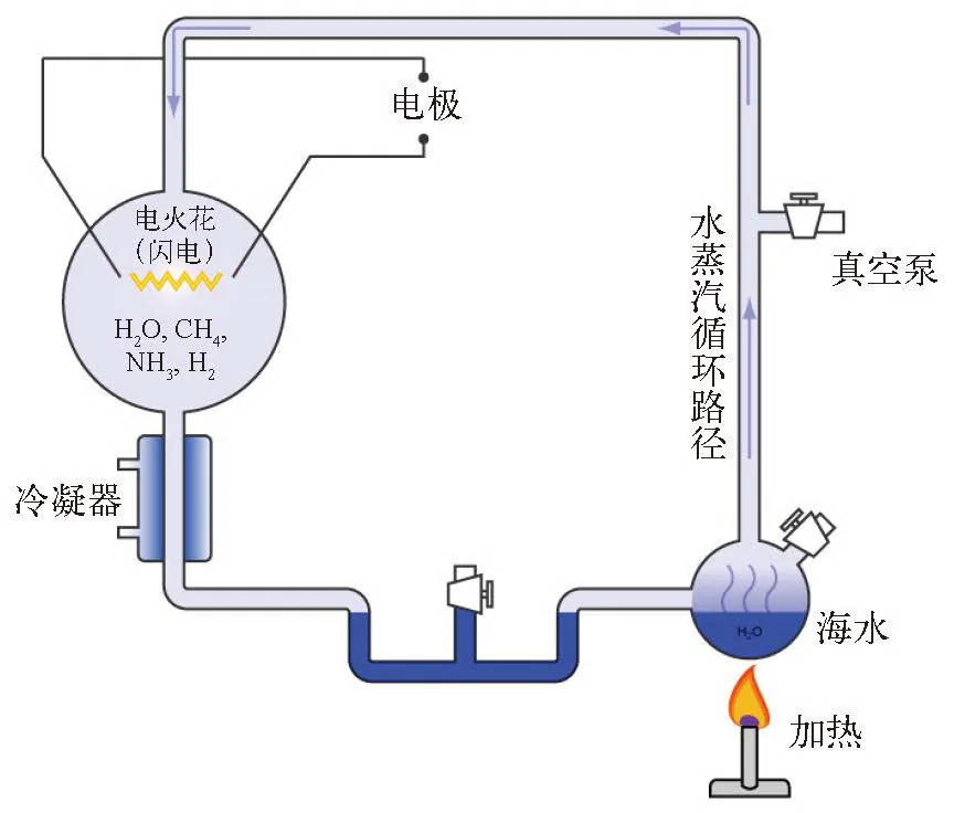 图 1-6　著名的米勒 - 尤里实验（Miller-Urey experiment）。米 勒让 水在通电的气体烧瓶（左上）和加热的液体烧瓶（右下）之间循环往复，从而模拟了原始地球海水沸腾、电闪雷鸣、暴雨倾盆的情景