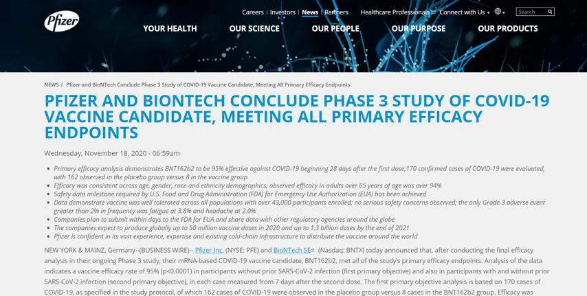辉瑞与BioNTech第三期临床试验结果公告截图（2020年11月18日）