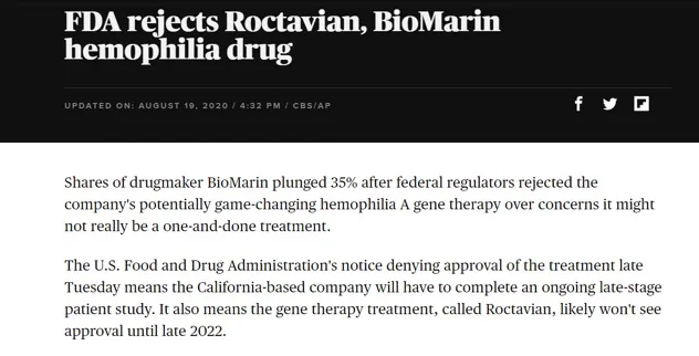 CBS关于2020年FDA拒绝Roctavian上市申请的报道截图