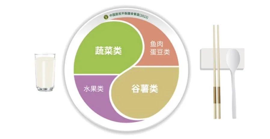 四格餐盘:蔬菜类、谷薯类、鱼肉蛋豆类、水果类及每日一杯奶