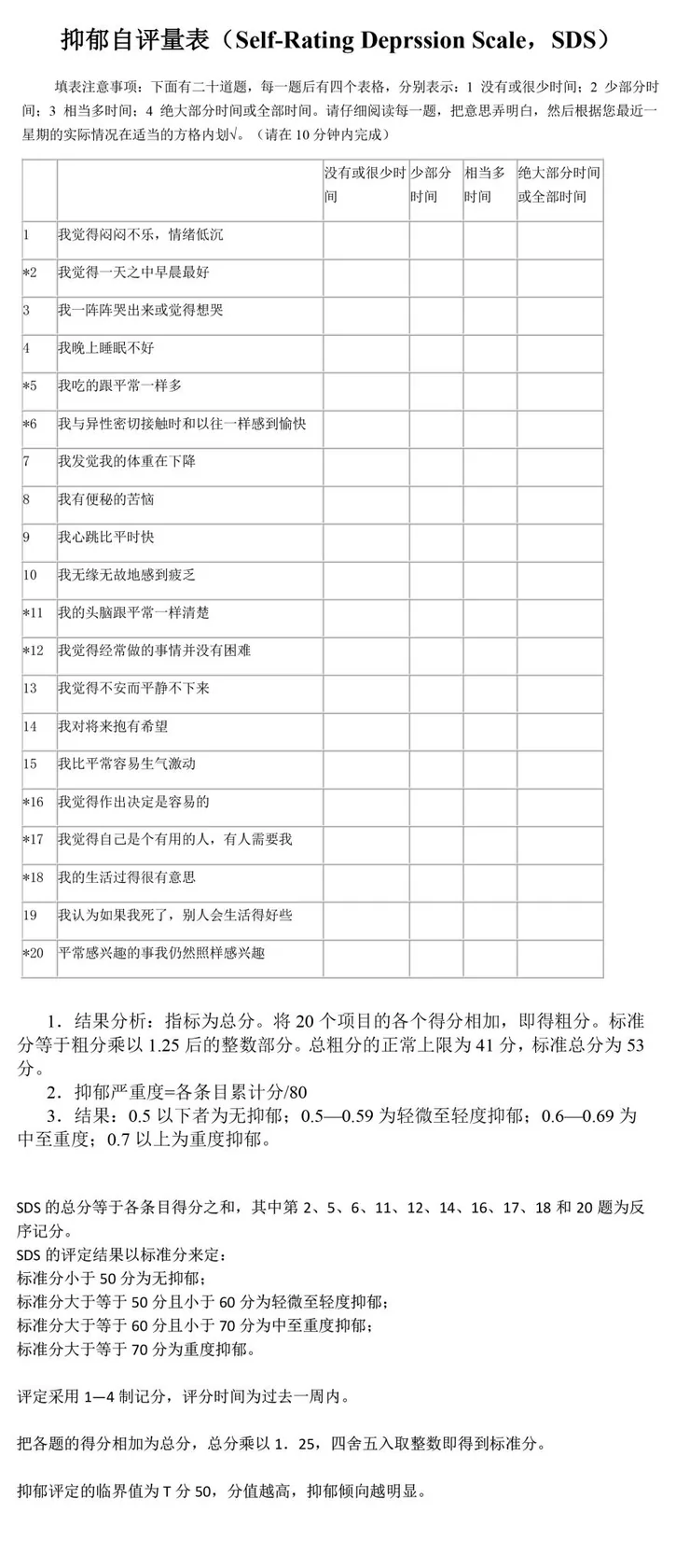 抑郁自评量表（SDS）：20项问题及原表完整评分说明