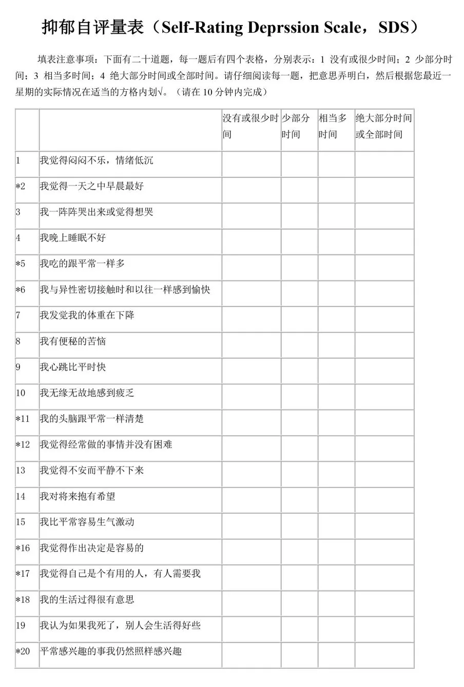 SDS抑郁自评量表:20道题目与四级选项