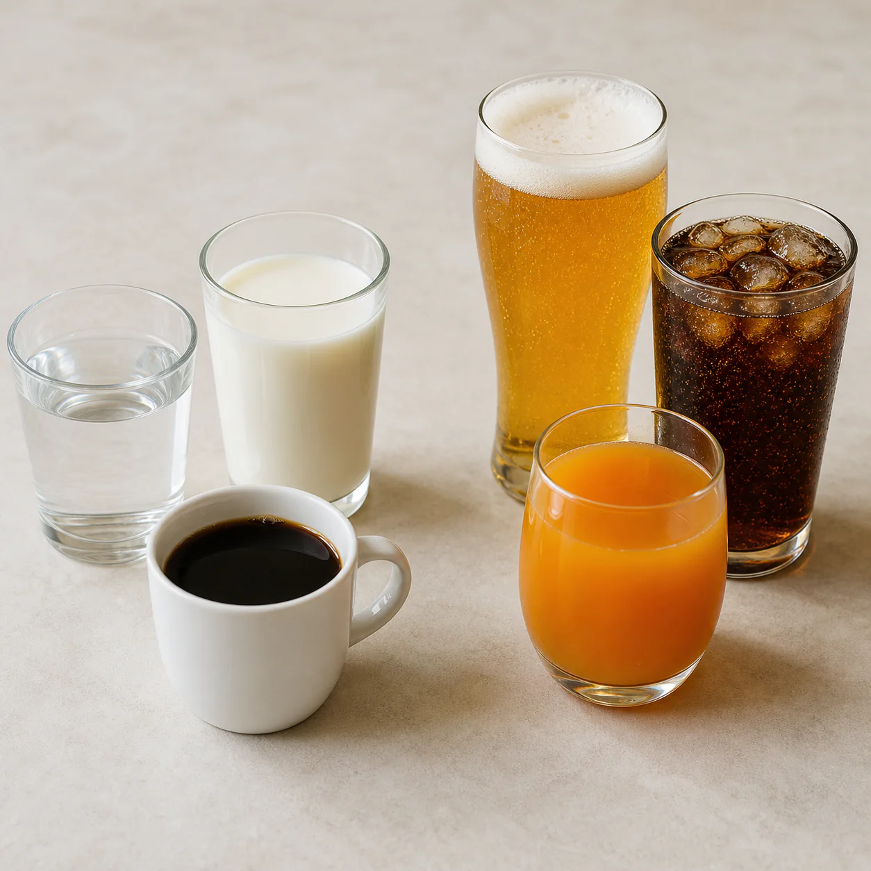 本站饮品识别图：白水、低脂奶、黑咖啡、啤酒、含糖汽水和甜味果饮