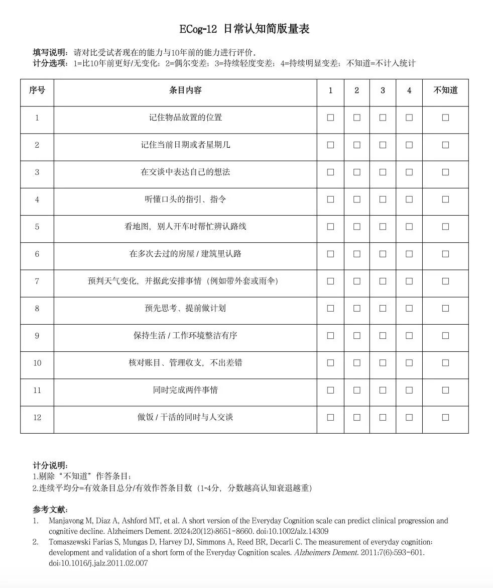 课程原表:日常认知功能量表ECog-12中文版