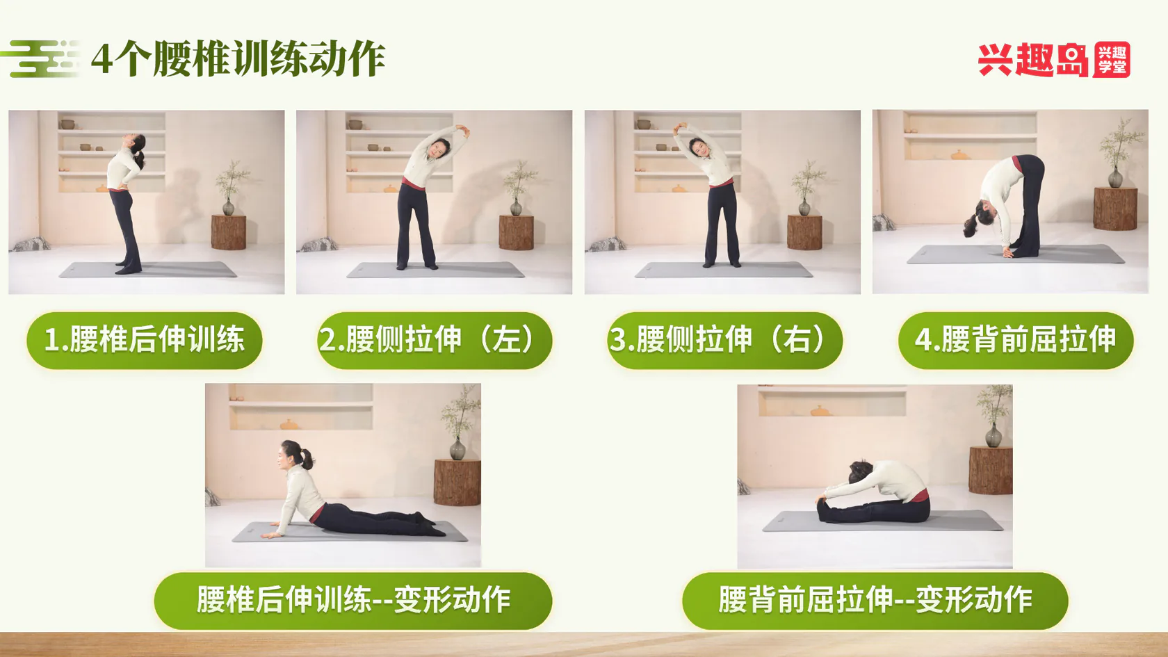 四个腰椎训练动作与两个变式