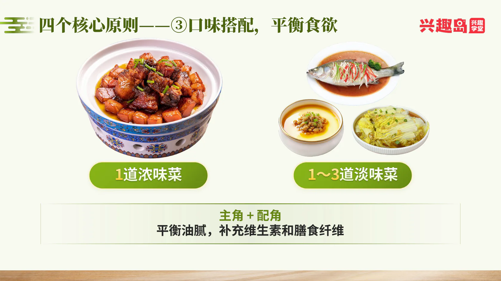 口味搭配：一道浓味菜与一至三道淡味菜