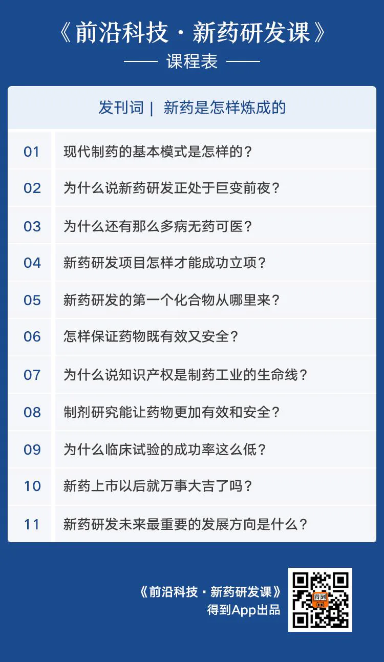 梁贵柏新药研发课课程表：发刊词、现代制药基础、研发流程和未来方向，共11讲及发刊词