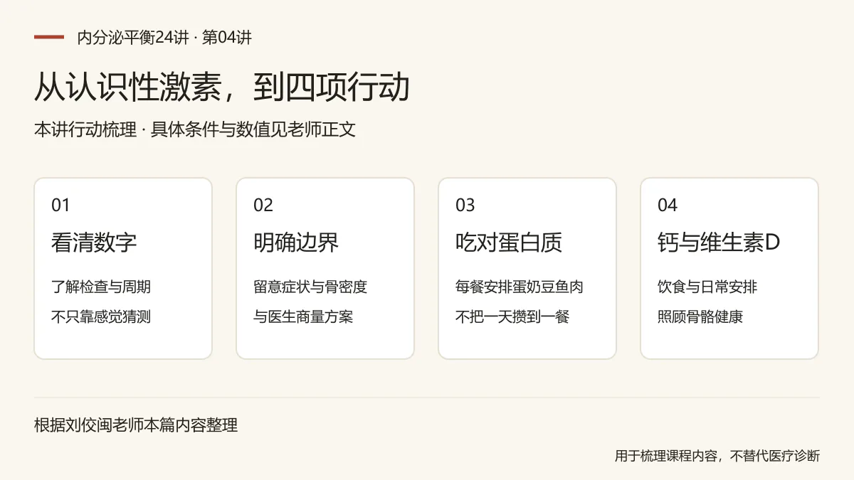 从认识性激素，到四项行动：看清数字，了解检查与周期，不只靠感觉猜测；明确边界，留意症状与骨密度，与医生商量方案；吃对蛋白质，每餐安排蛋奶豆鱼肉，不把一天攒到一餐；钙与维生素D，饮食与日常安排，照顾骨骼健康