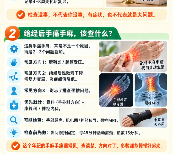 精选问答一课程原图第2/4段：绝经后手麻手痛的就医方向