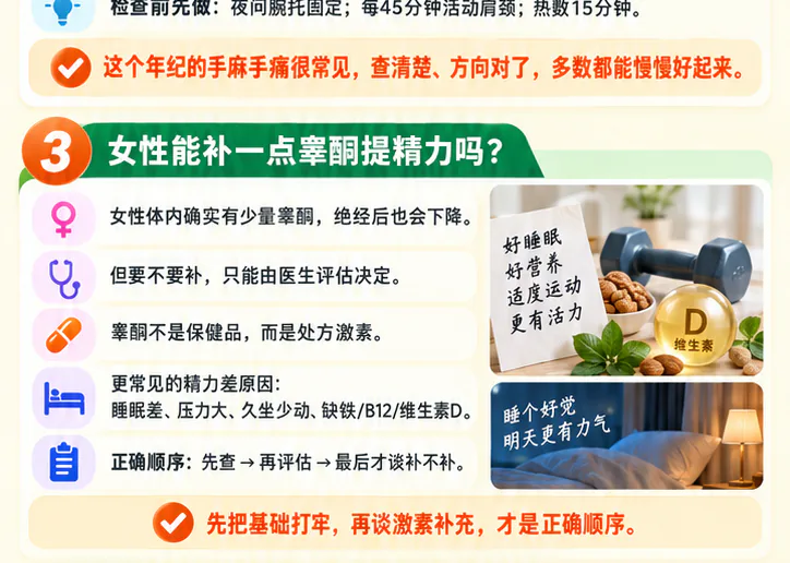 精选问答一课程原图第3/4段：女性睾酮补充的医生评估与生活基础