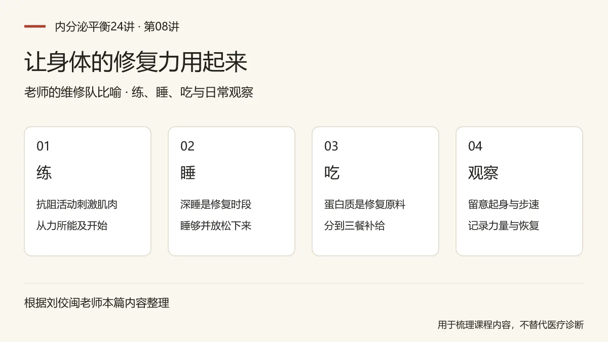 让身体的修复力用起来：练，抗阻活动刺激肌肉，从力所能及开始；睡，深睡是修复时段，睡够并放松下来；吃，蛋白质是修复原料，分到三餐补给；观察，留意起身与步速，记录力量与恢复