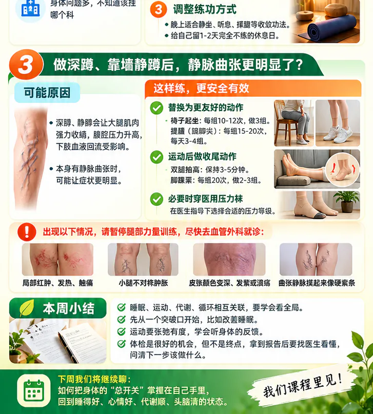精选问答二课程原图第3/3段：静脉曲张练习调整、就医信号及本周回顾