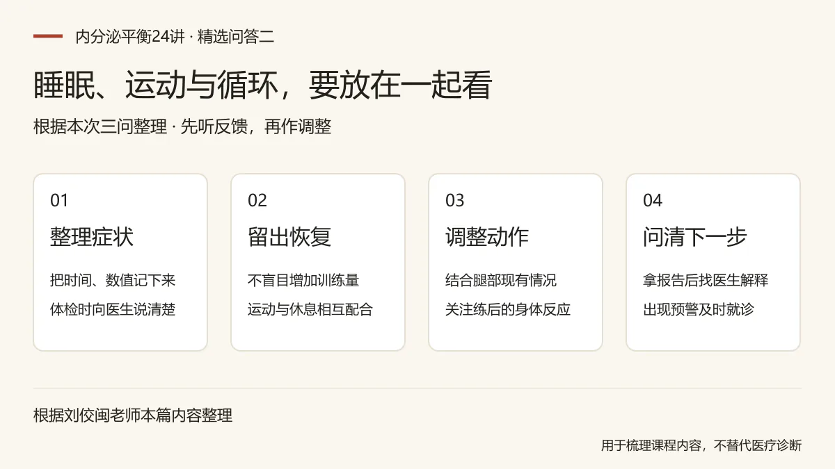 睡眠、运动与循环，要放在一起看：整理症状，把时间、数值记下来，体检时向医生说清楚；留出恢复，不盲目增加训练量，运动与休息相互配合；调整动作，结合腿部现有情况，关注练后的身体反应；问清下一步，拿报告后找医生解释，出现预警及时就诊
