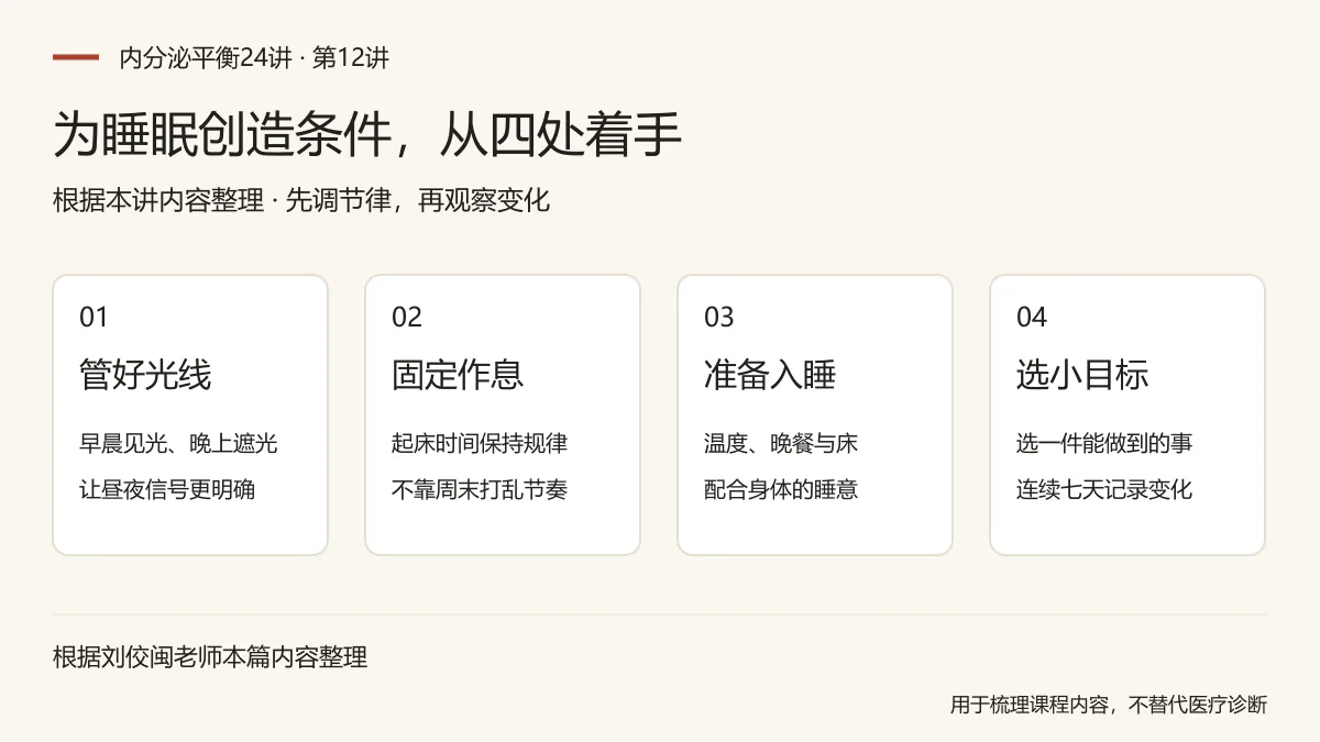 为睡眠创造条件,从四处着手:管好光线,早晨见光、晚上遮光,让昼夜信号更明确;固定作息,起床时间保持规律,不靠周末打乱节奏;准备入睡,温度、晚餐与床,配合身体的睡意;选小目标,选一件能做到的事,连续七天记录变化