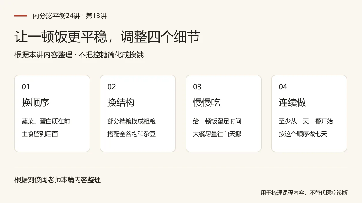 让一顿饭更平稳，调整四个细节：换顺序，蔬菜、蛋白质在前，主食留到后面；换结构，部分精粮换成粗粮，搭配全谷物和杂豆；慢慢吃，给一顿饭留足时间，大餐尽量往白天挪；连续做，至少从一天一餐开始，按这个顺序做七天