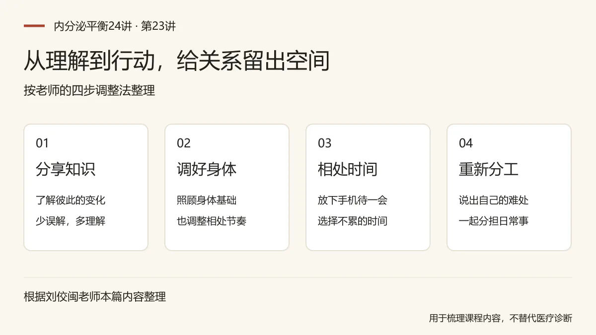 从理解到行动，给关系留出空间：分享知识，了解彼此的变化，少误解，多理解；调好身体，照顾身体基础，也调整相处节奏；相处时间，放下手机待一会，选择不累的时间；重新分工，说出自己的难处，一起分担日常事