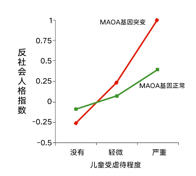 儿童受虐待程度与反社会人格指数的关系,比较MAOA基因突变与正常两组