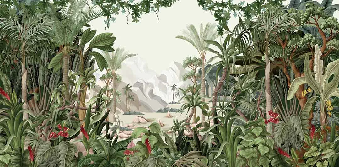 原课程讲首图片：热带森林、山峦与水面的自然景观插画