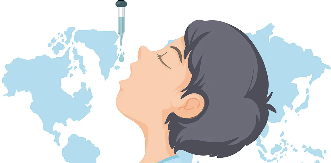 原课程讲首插图：儿童口服滴剂，背景为世界地图