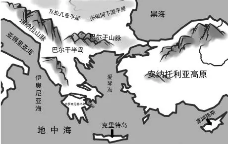 古希腊周边地形示意图,标出巴尔干半岛、山脉与海域