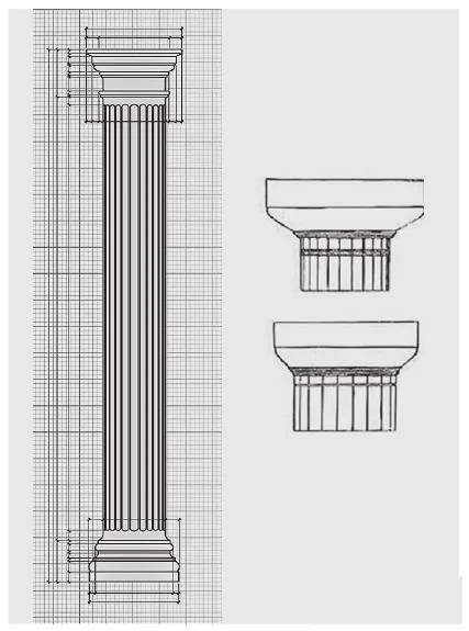 多立克柱整体比例与柱头细部示意