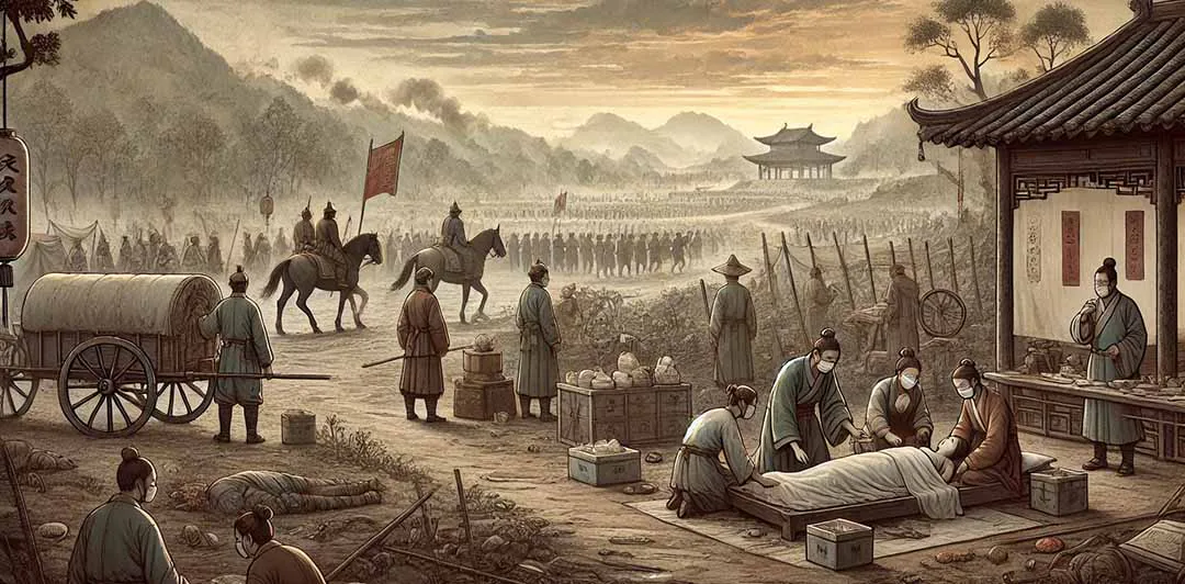 原课程讲首插画：明末军队行进与医者救治患者的场景