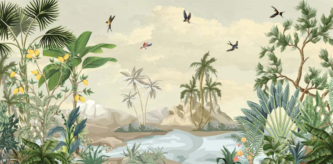 原课程讲首插画：河流两岸的植物与飞鸟