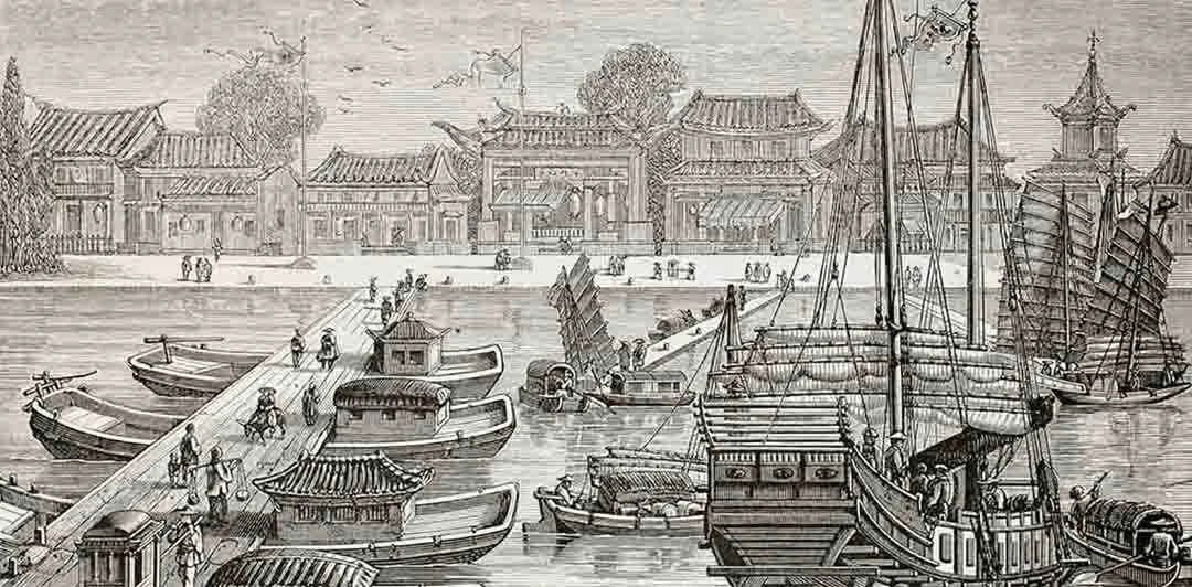 原课程讲首图片:港口船只、码头与岸边建筑的历史画作