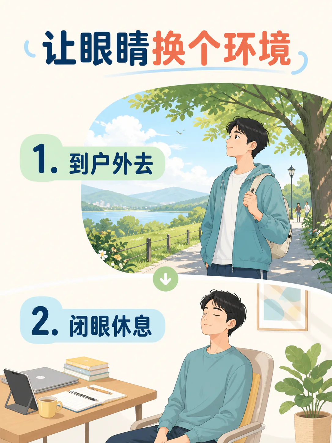 本站护眼场景图:到户外去和离开屏幕后闭眼休息