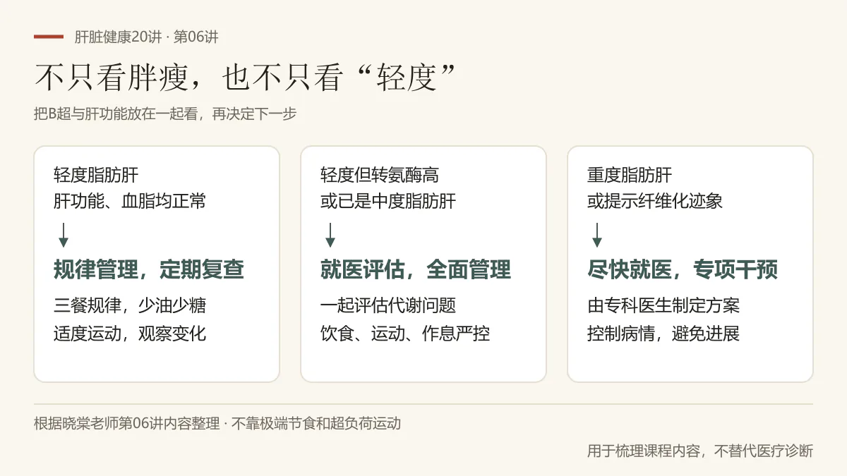 第06讲分级行动图解:轻度且指标正常时规律管理并复查,转氨酶高或中度时就医评估,重度或提示纤维化时尽快就医