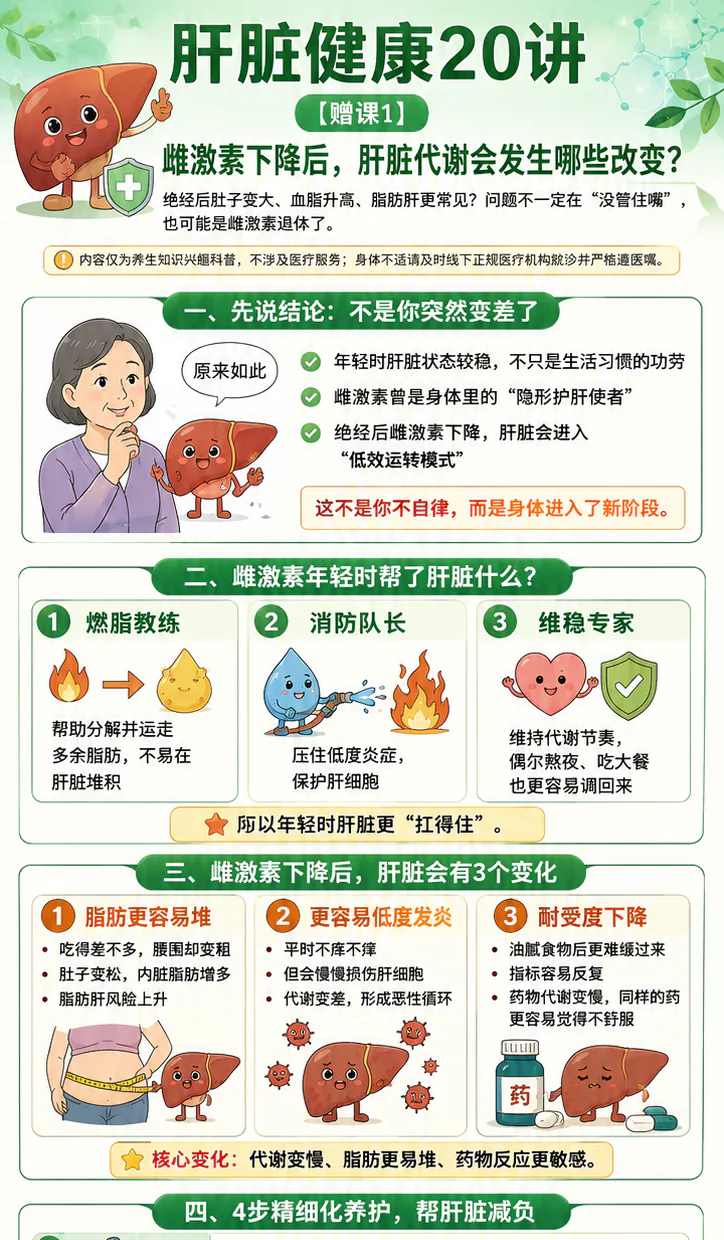 赠课1课程原图第1/2段:雌激素年轻时的三类护肝作用,以及下降后的三种变化