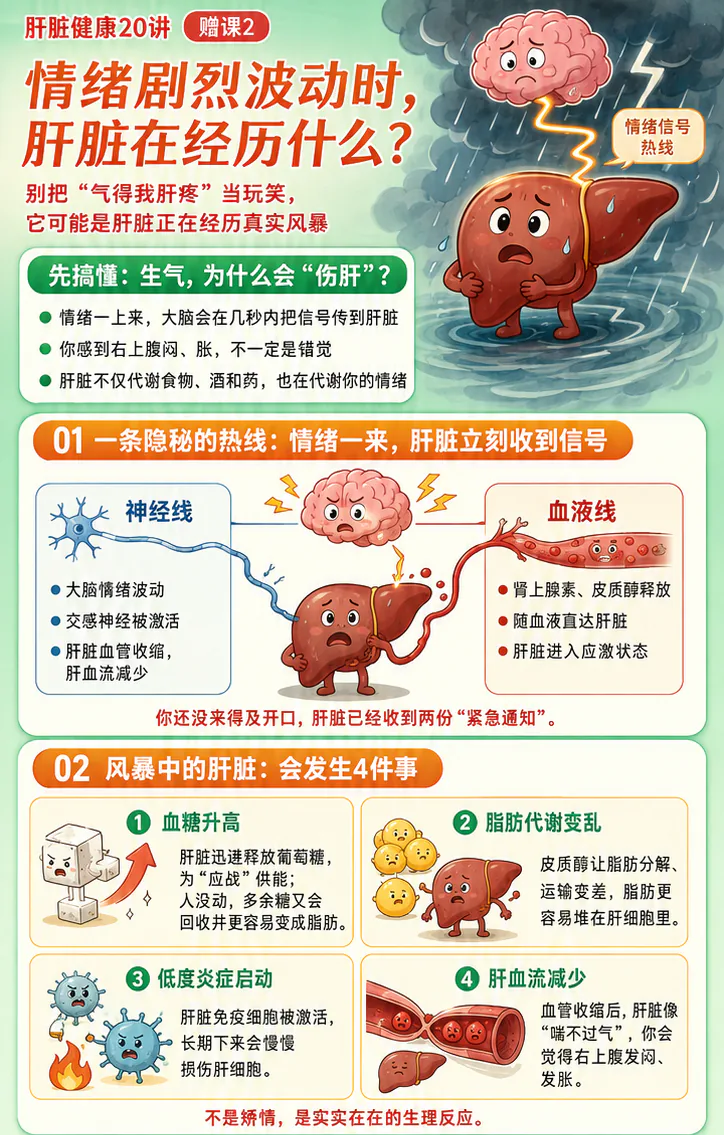 赠课2课程原图第1/2段:情绪信号通过神经线和血液线到达肝脏,以及血糖、脂肪代谢、低度炎症和肝血流四类变化