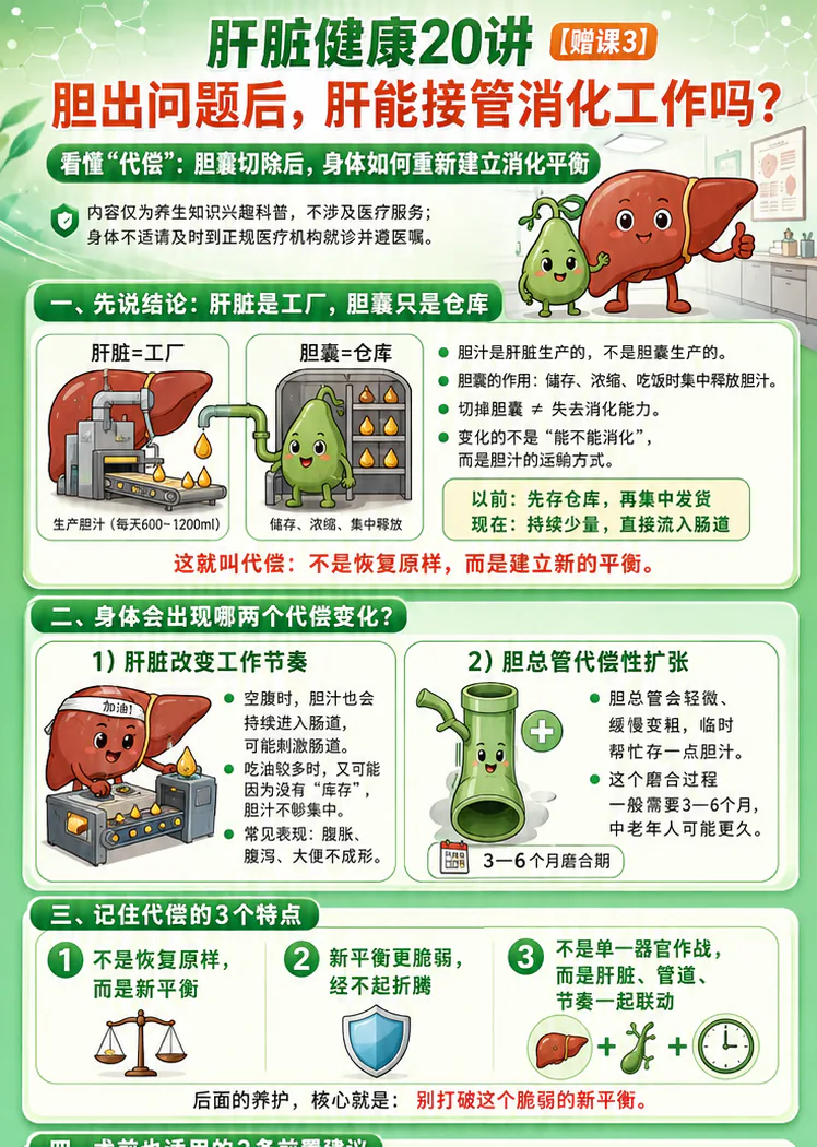 赠课3课程原图第1/2段:胆汁由肝脏生产、胆囊负责储存浓缩释放,以及胆囊切除后的两个代偿变化和三个特点
