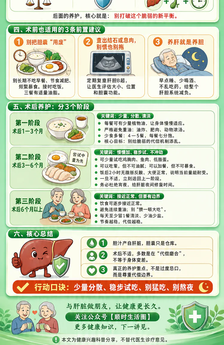 赠课3课程原图第2/2段:胆囊养护的三条前置建议、术后三个阶段的饮食节奏和器官代偿核心总结