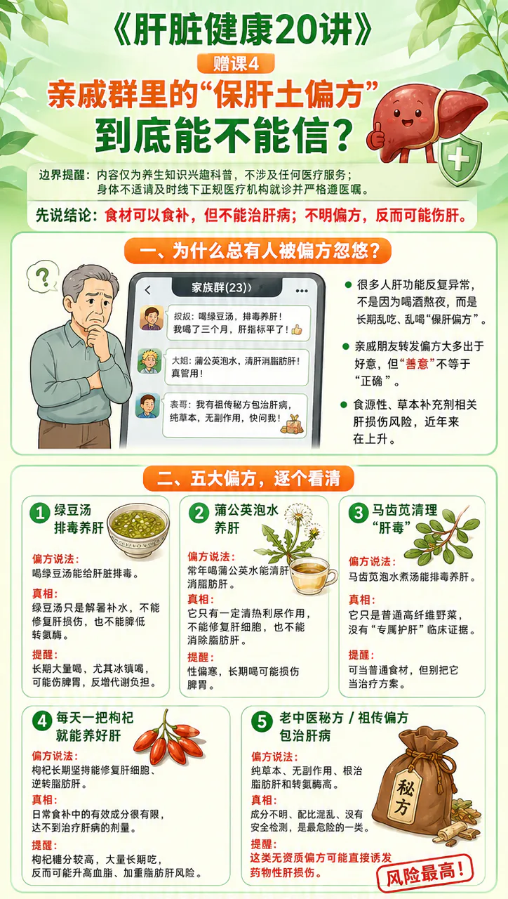 赠课4课程原图第1/2段:保肝偏方流行原因,以及绿豆汤、蒲公英、马齿苋、枸杞和不明草本秘方五类常见说法与风险