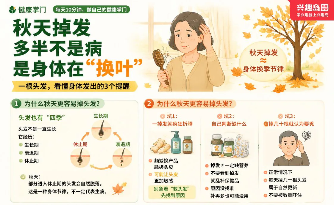 加餐分享课程原图第1/2段:秋天掉发的毛发生长周期、三个常见误区,以及营养、内分泌和压力三类身体信号