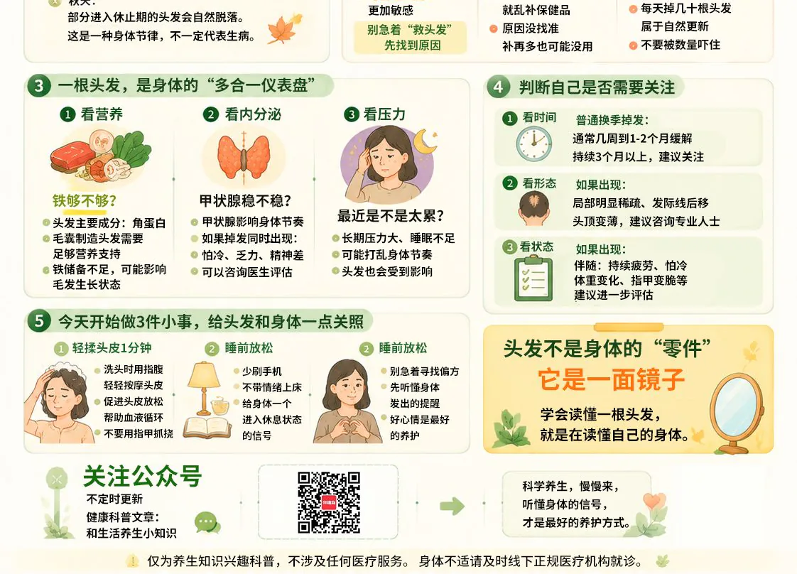 加餐分享课程原图第2/2段:判断是否需要关注的时间、形态和状态标准,以及轻揉头皮、睡前放松等日常行动