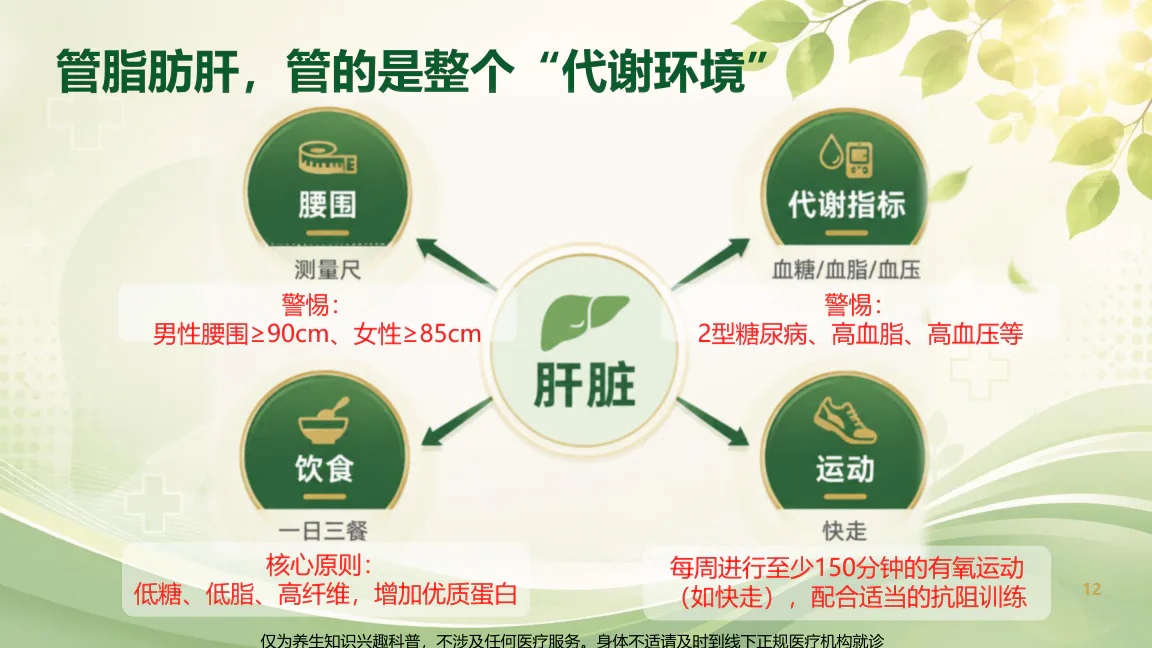 结营典礼课程原图第13/32页:脂肪肝需关注腰围和血糖、血脂、血压等指标