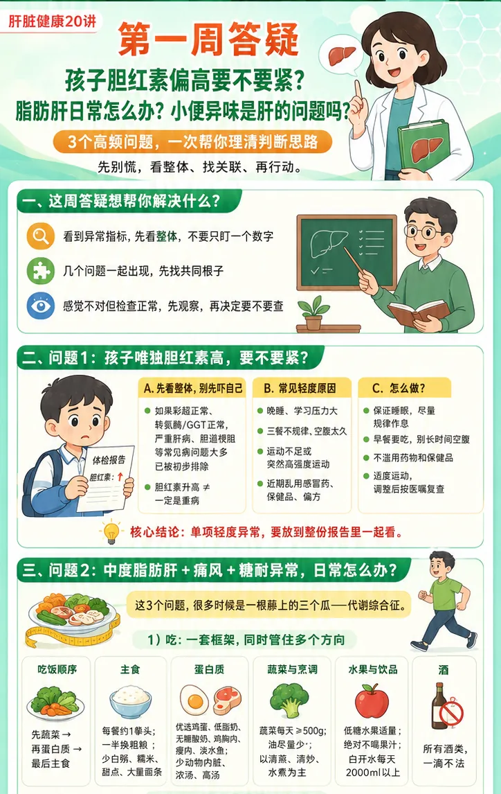 第一周答疑课程原图第1/2段：胆红素、脂肪肝日常管理和小便异味的问答要点