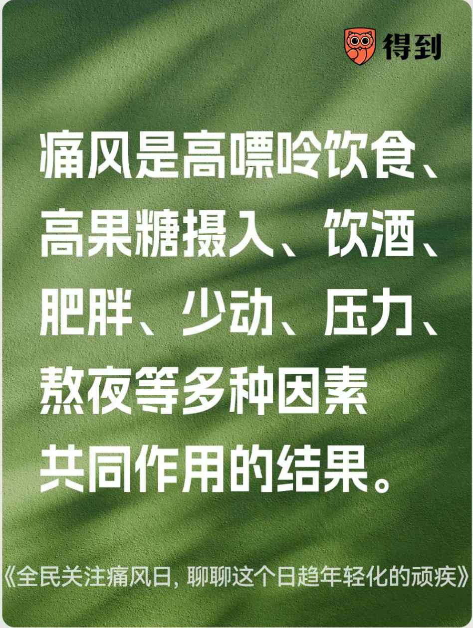知识卡片：痛风是高嘌呤饮食、高果糖摄入、饮酒、肥胖、少动、压力、熬夜等因素共同作用的结果。