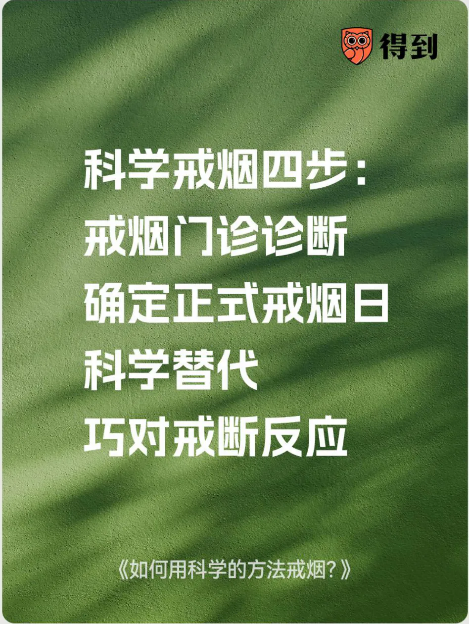 知识卡片：科学戒烟四步是门诊诊断、确定戒烟日、科学替代和应对戒断反应。