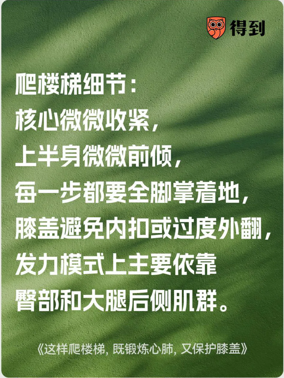 知识卡片：爬楼梯时注意核心、身体倾角、脚掌着地和膝盖方向。