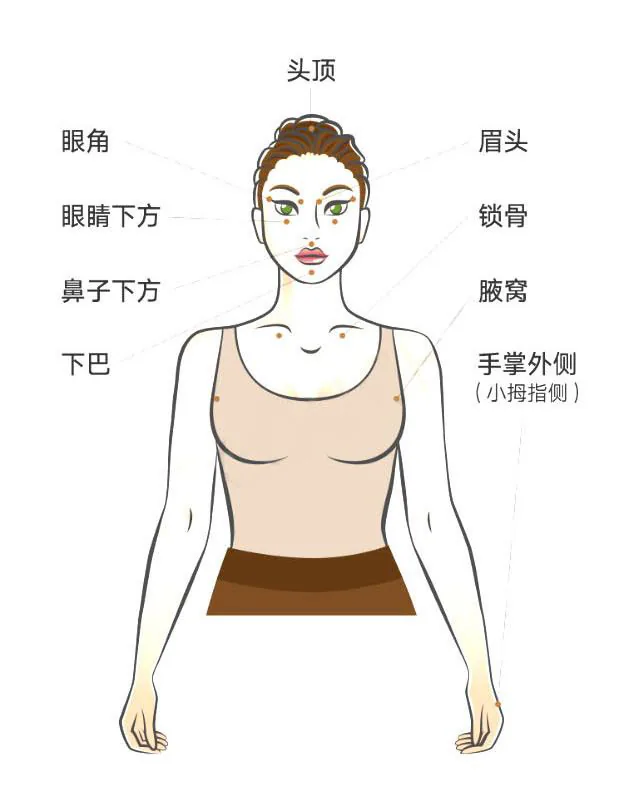 放松敲击位置示意:头顶、眉头、眼角、眼睛下方、鼻子下方、下巴、锁骨、腋窝及手掌外侧(小拇指侧)