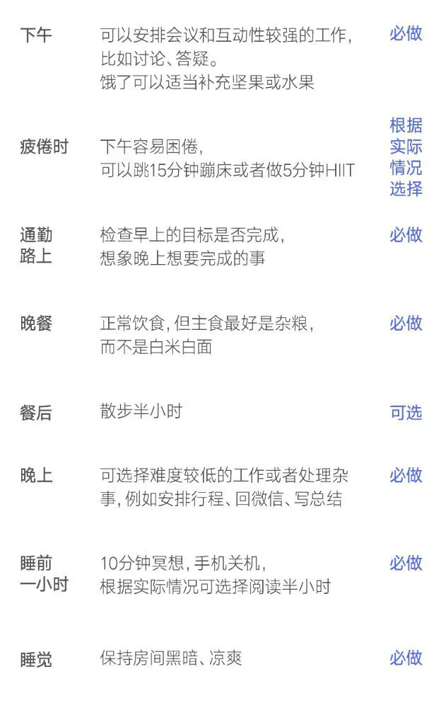 冲刺日程安排清单下半:下午至睡觉,逐项列出活动和必做或可选标记