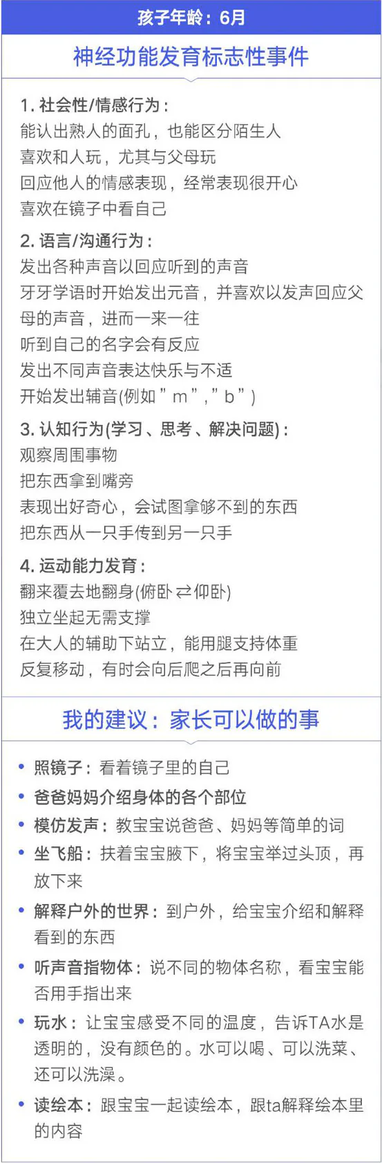 家长清单:6月龄发育标志与家长建议