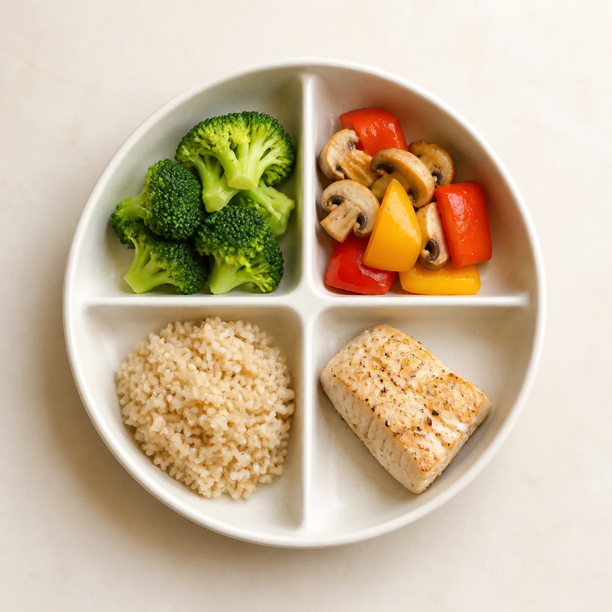 本站饮食图解：两格蔬菜、一格优质主食、一格清淡蛋白质的实物餐盘