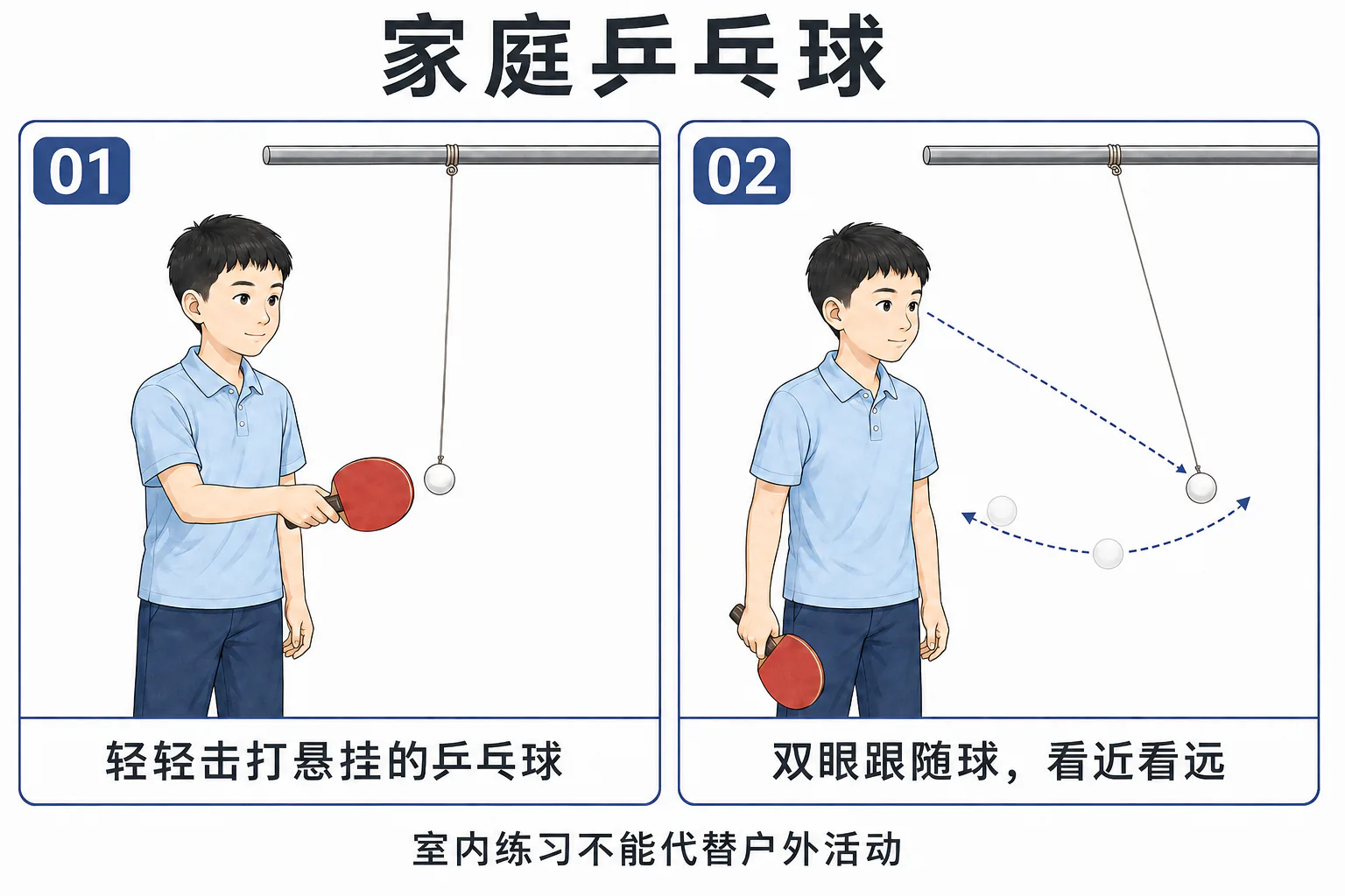 家庭乒乓球动作:用线悬挂一个乒乓球,孩子轻轻击球,双眼跟随球看近看远