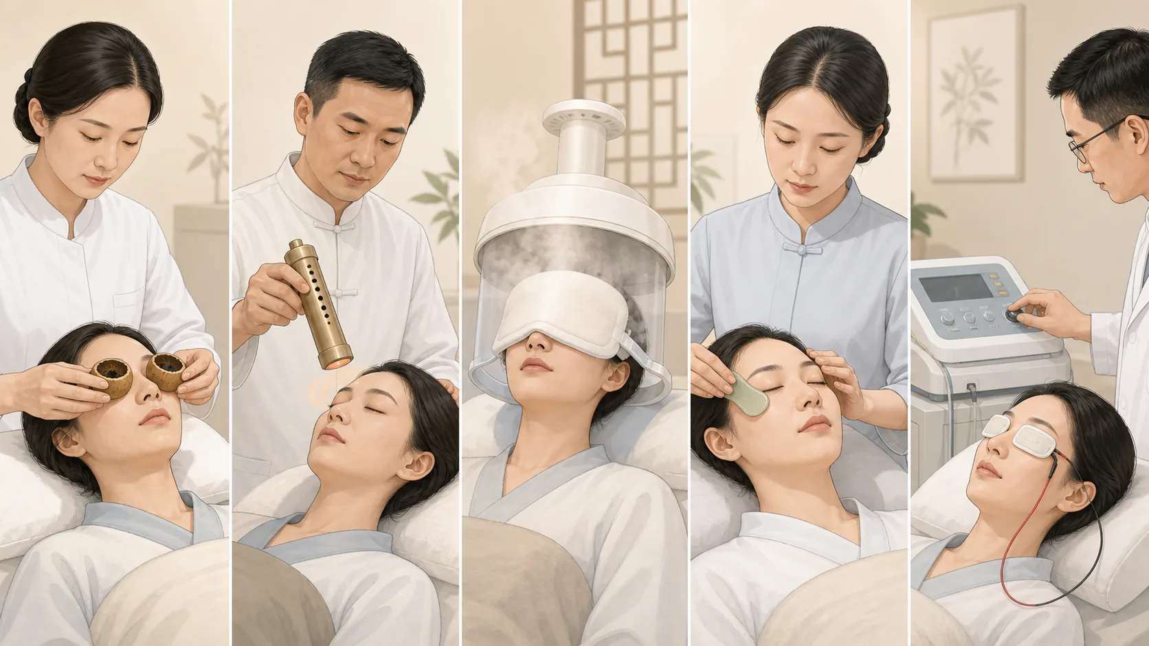 眼部核桃灸、雷火灸、中药熏蒸、眼部刮痧和中药离子导入五种医院护理项目示意